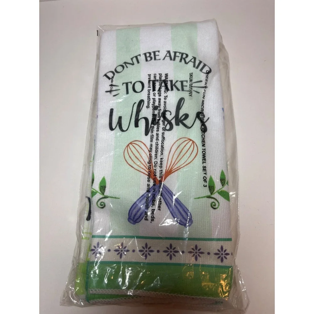 Cheeky Fun Microfiber Kitchen Towel Set of 3 Baking Puns Green Purple 001V6Y NEW